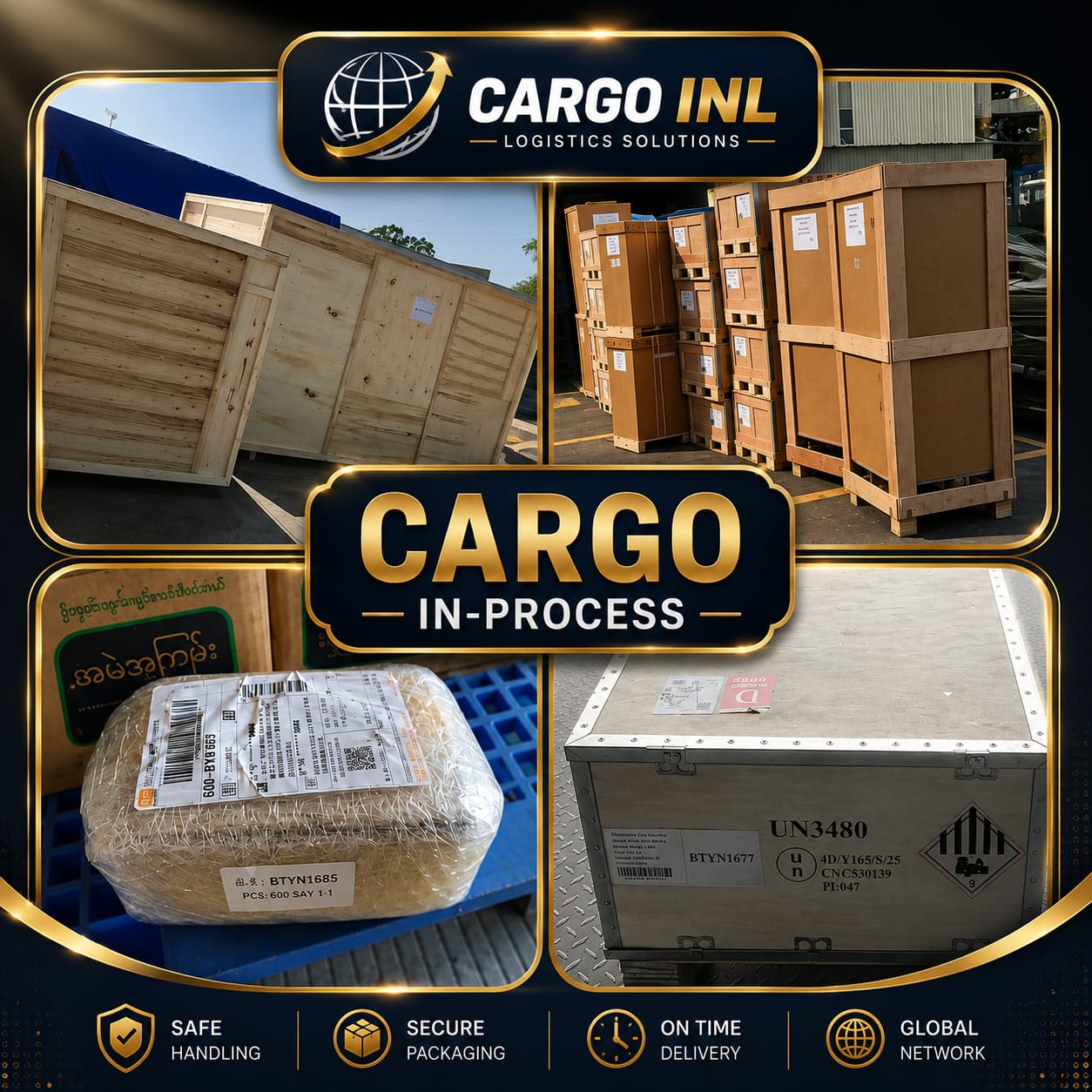 Boks cargo dengan label fragile siap dikirim
